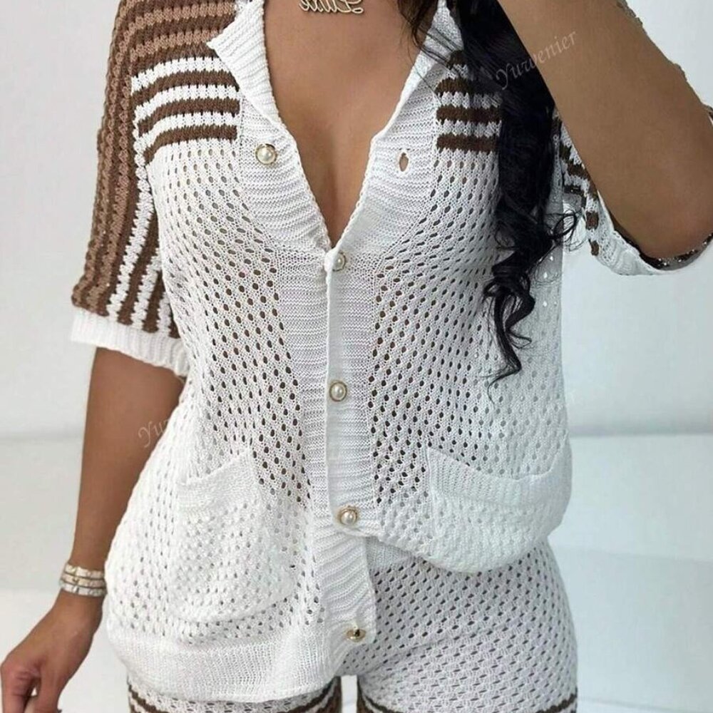Casual 2Pcs Striped Pattern Button Front Short Sleeve Shirt Knitted Top Blouse C